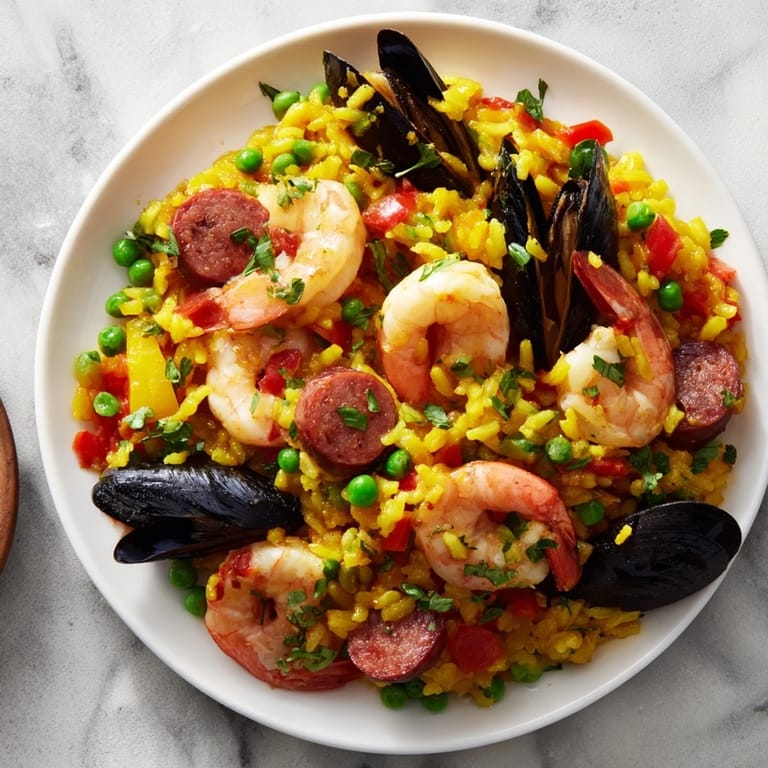 Steaming Paella Spanish rice with chorizo and calamari, garnished with fresh parsley and lemon wedges.