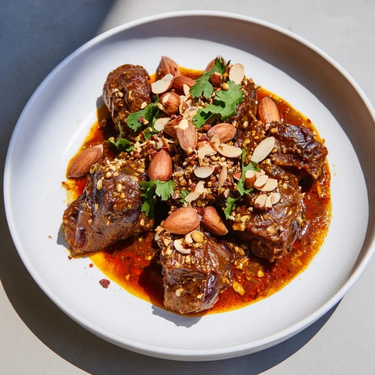 Warm, inviting picture of Moroccan Lamb Tagine, garnished with almonds and fresh herbs.