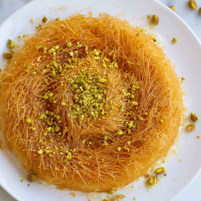 A close-up of a bubbling, cheesy Lebanese Knafeh, with crunchy pastry and aromatic syrup.