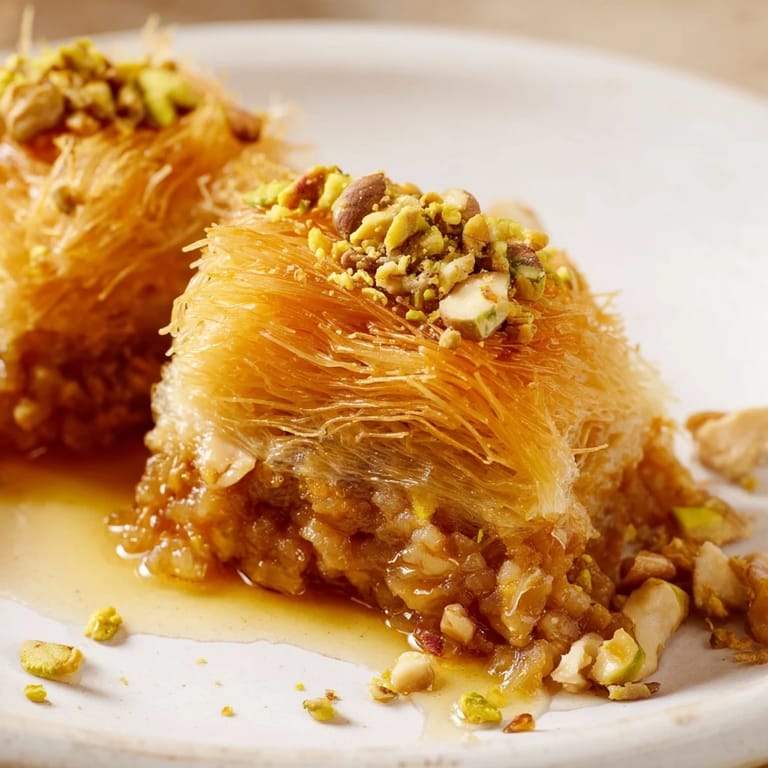 Served warm, a delicious piece of Egyptian Konafa with a generous drizzle of sweet honey.