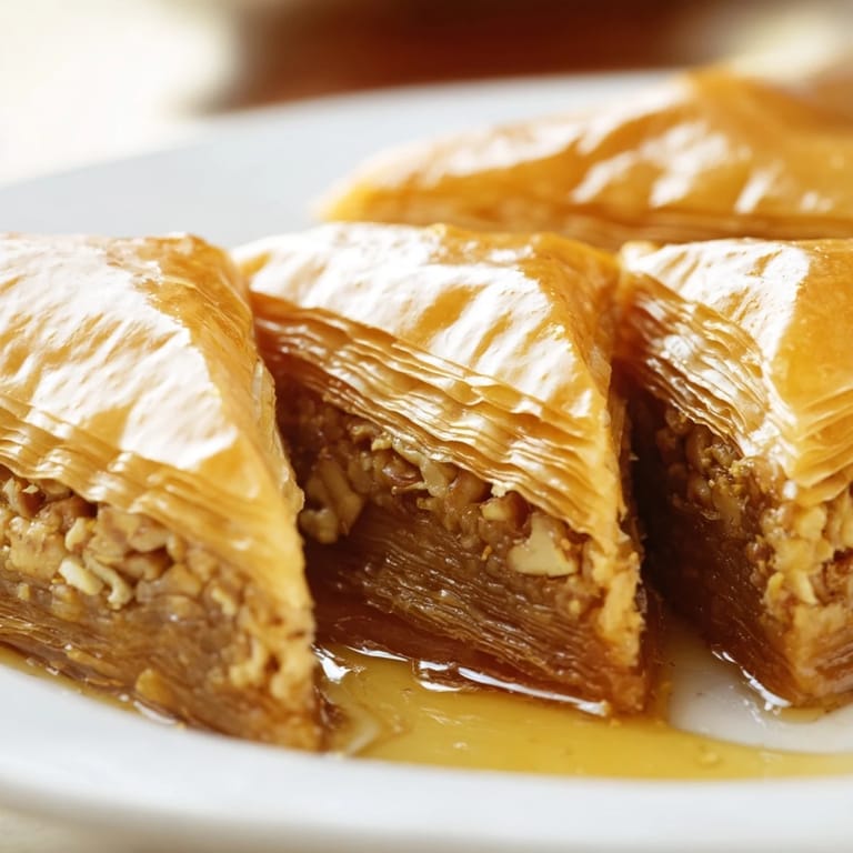 A close-up shot of homemade Turkish Baklava, showcasing layers of flaky pastry and chopped nuts, drenched in syrup.