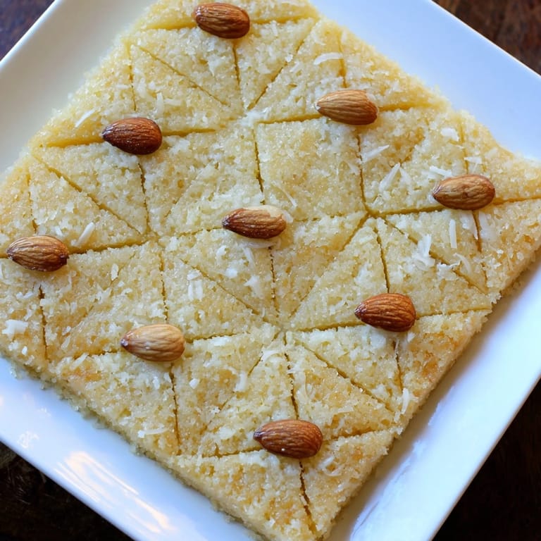 A close-up of a square of Basbousa, the Egyptian coconut cake, glistening with sweet syrup.