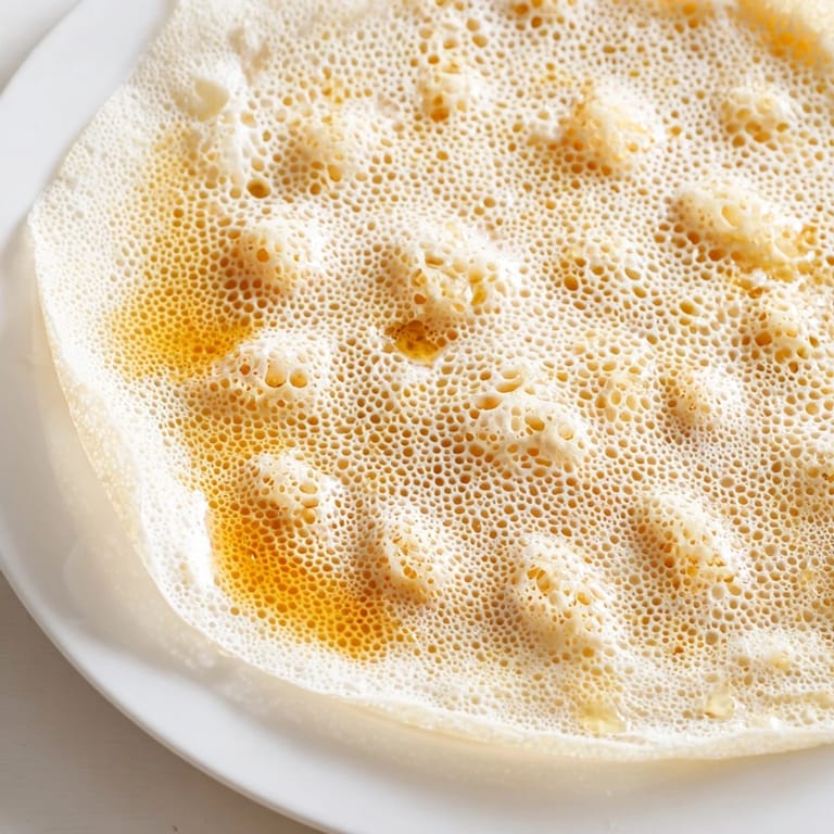 Fluffy, textured Moroccan Baghrir pancakes cook on the skillet, anticipating a drizzle of honey.
