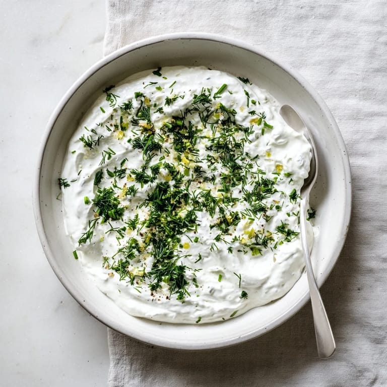 Close-up of creamy Greek Yogurt Herb Dip topped with lemon zest and chopped parsley, beside sliced cucumbers.