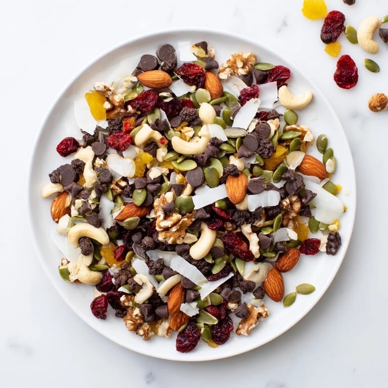 Close-up of Trail Mix Custom featuring walnuts, dried apricots, pumpkin seeds, and raisins on a rustic table.