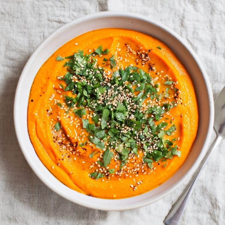 A close-up of the carrot ginger dip beside crisp pita chips and colorful crudités for dipping.