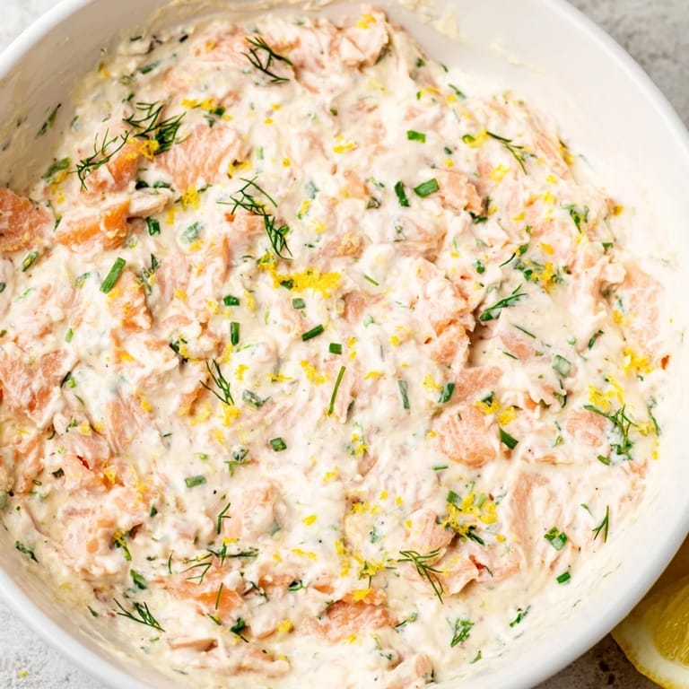 Rich and flavorful Smoked Salmon Dip in a serving bowl with chives, lemon wedges, and bagel chips for a delicious appetizer.