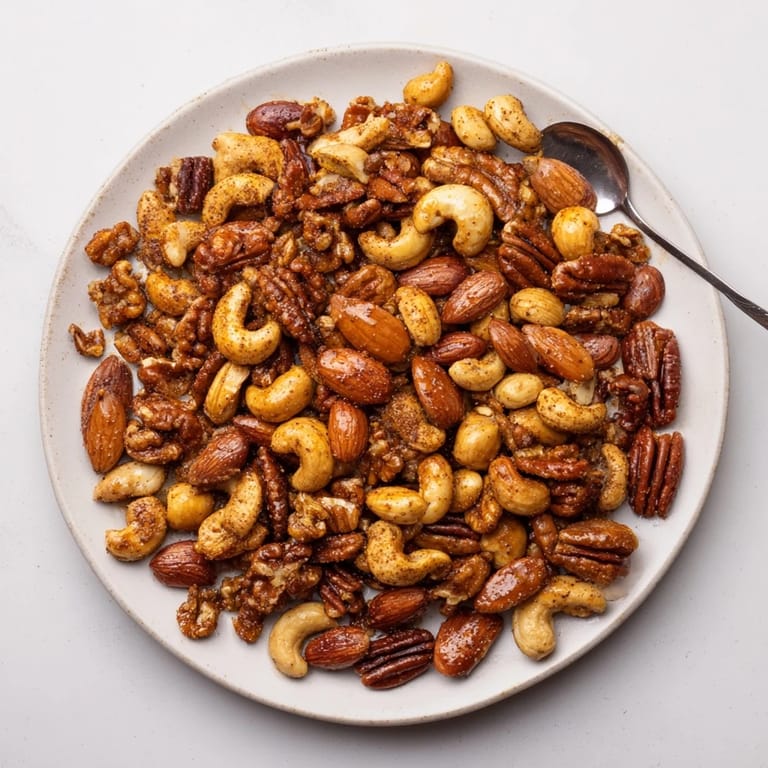 Close-up of Spiced Nuts Mix showcasing glossy, seasoned almonds, cashews, pecans, and walnuts on a parchment-lined baking sheet.