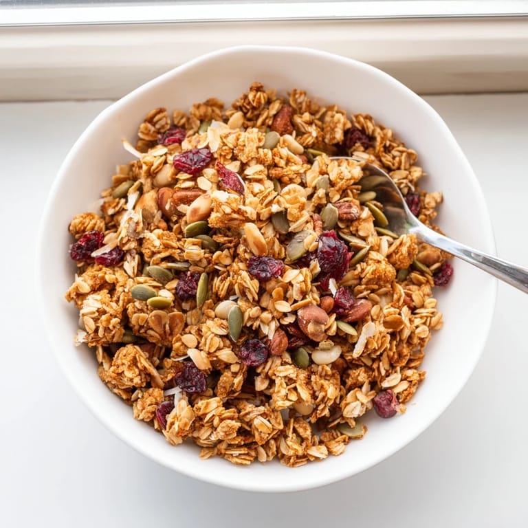 Warm granola clusters cooling on a baking sheet, ready to be enjoyed with creamy Greek yogurt or milk.  