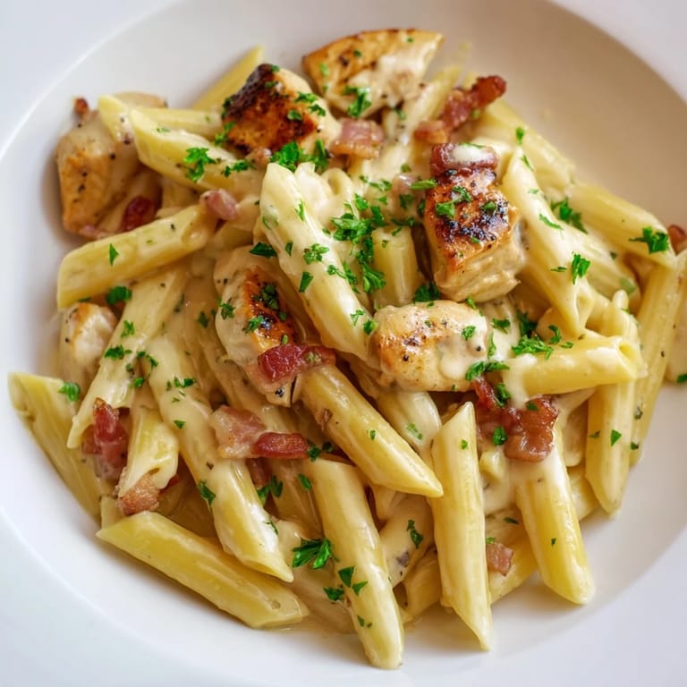 Tender penne pasta coated in a luscious, creamy sauce with smoky bacon and savory chicken for a comforting meal.