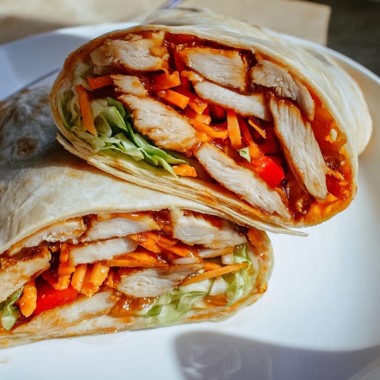 Spicy and sweet Honey Sriracha Chicken Wrap served with a side of creamy dipping sauce on a rustic plate.