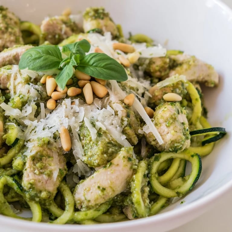 Tender chicken and crisp zucchini noodles tossed in aromatic pesto, served in a white bowl with fresh basil leaves and a sprinkle of Parmesan cheese.