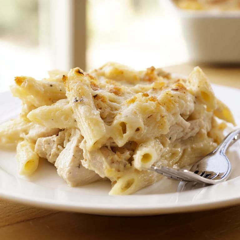 Freshly baked Chicken Alfredo Casserole served in a white dish, steam rising from the bubbly cheese, ready for family dinners.