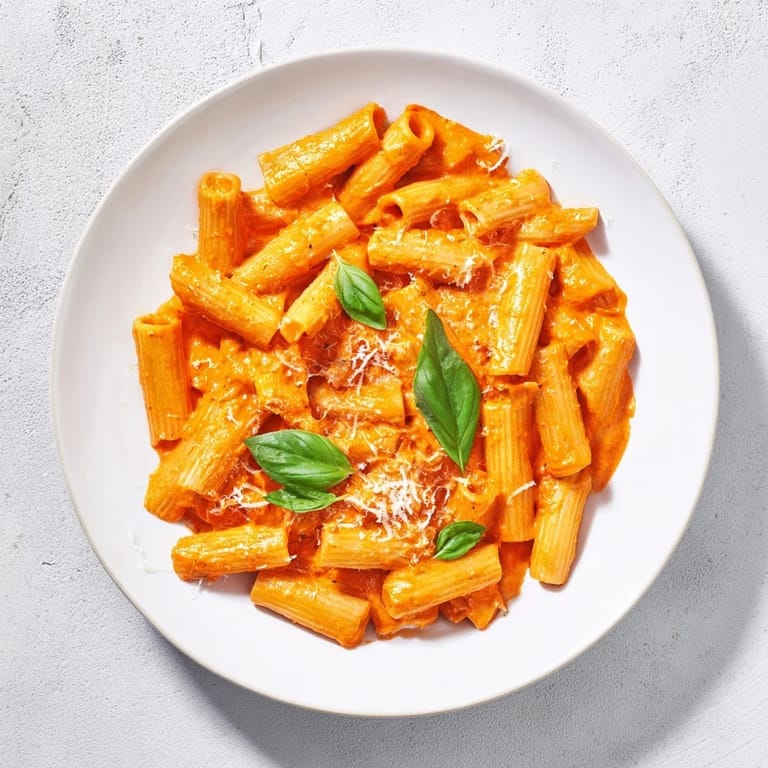 Roasted Red Pepper Pasta with tender penne coated in a vibrant orange sauce, steaming beside a glass of Pinot Grigio.