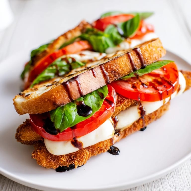 Crispy Chicken Caprese Sandwich served on rustic ciabatta, layered with golden breaded chicken, ripe tomatoes, and fresh basil leaves.