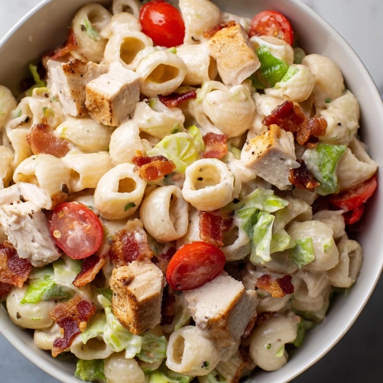Vibrant BLT Chicken Pasta Salad tossed with grilled chicken, crunchy romaine, cherry tomatoes, and a creamy, tangy dressing for a satisfying main dish.