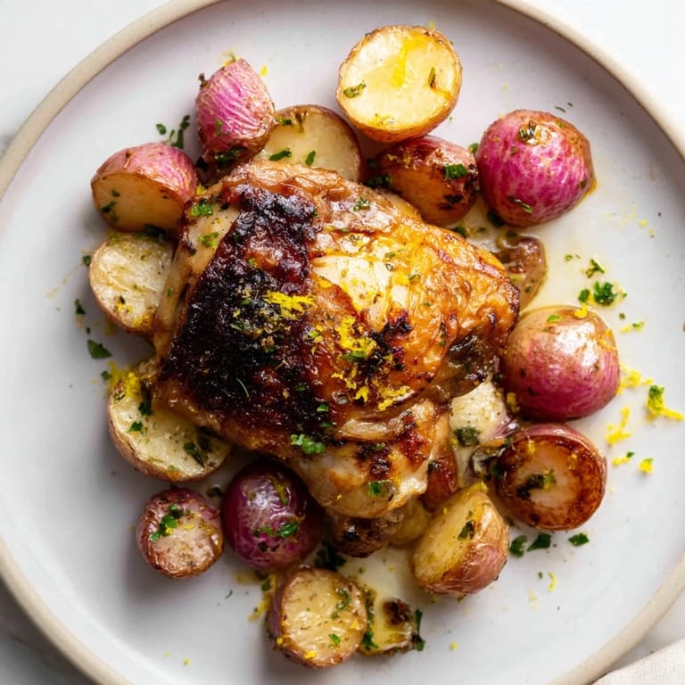 A close-up of the Roasted Radish & Chicken Sheet Pan, showing crispy chicken skin and tender roasted vegetables glistening with olive oil.  