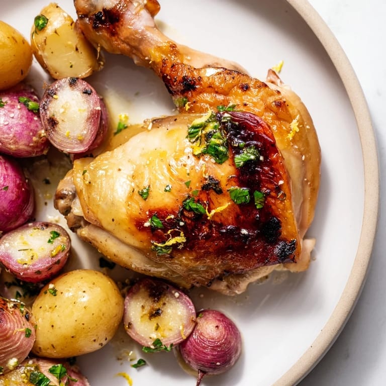 Colorful Roasted Radish & Chicken Sheet Pan, served hot with fresh parsley and lemon zest, perfect for a simple weeknight meal.