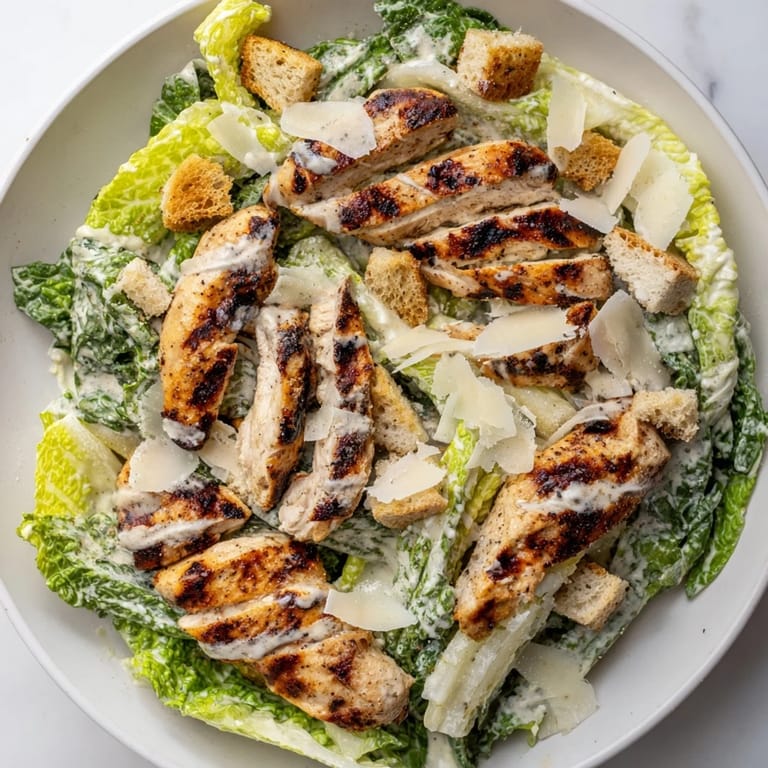 Juicy grilled chicken and crunchy croutons fill a colorful bowl of Yogurt Caesar Grilled Chicken Salad ready to serve.