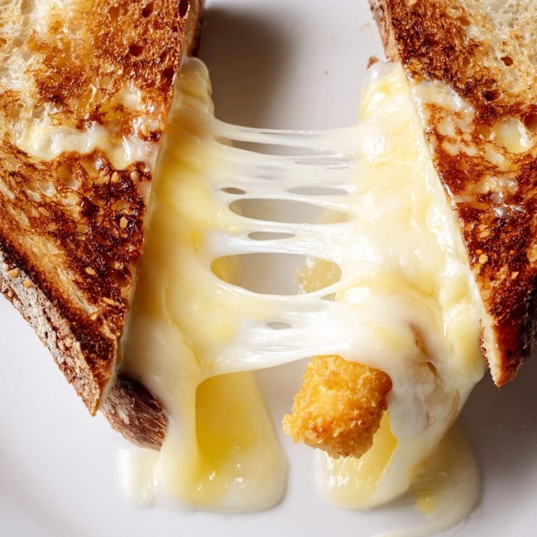 Golden-brown Mozzarella Stick Grilled Cheese halves rest on a plate, revealing a gooey, stringy mozzarella interior and a small bowl of warm red marinara sauce for dipping.