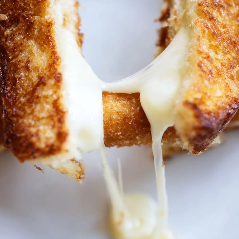 A rustic wooden table showcases a whole Mozzarella Stick Grilled Cheese, steam rising from the toasted bread while melted mozzarella stretches invitingly from the center.