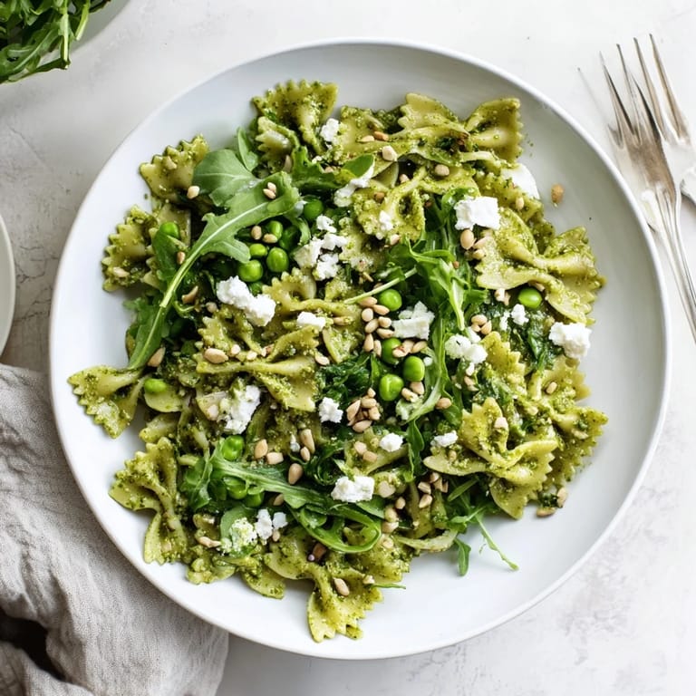 Homemade Spring Green Pesto Pasta Salad tossed with toasted pine nuts and crumbled feta.