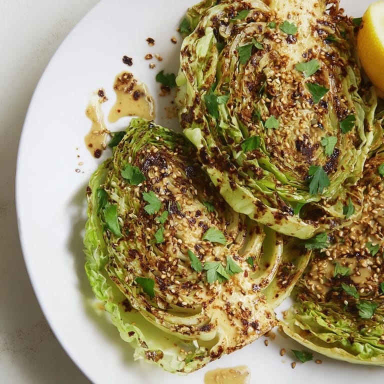 A close-up of thick roasted cabbage steaks with smooth tahini drizzle and vibrant fresh parsley garnish.
