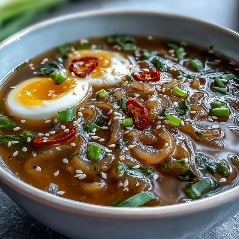 Savory shirataki noodles swimming in rich, steaming bone broth, topped with sliced chili, green onions, and toasted sesame seeds for extra crunch.