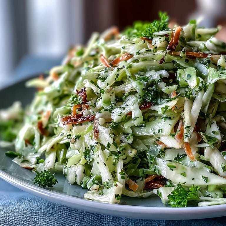 Healthy Green Cabbage and Apple Slaw served in a rustic white bowl, topped with green onions and poppy seeds for crunch.
