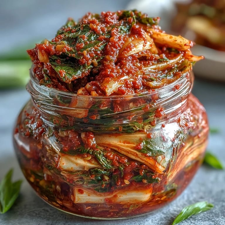 Freshly made kimchi, a tangy Korean side dish bursting with flavor.