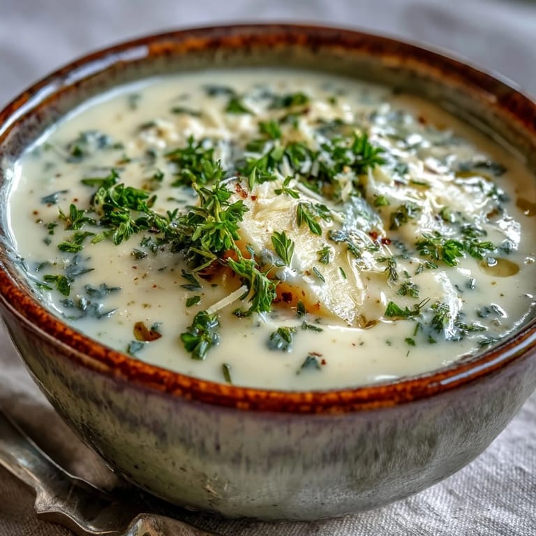 Homemade Garlic and Herb Soup blended until silky, garnished with fresh herbs and a drizzle of olive oil.