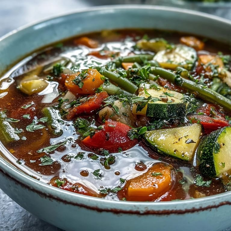 Vibrant Italian Herb Vegetable Soup served hot with a slice of crusty bread.