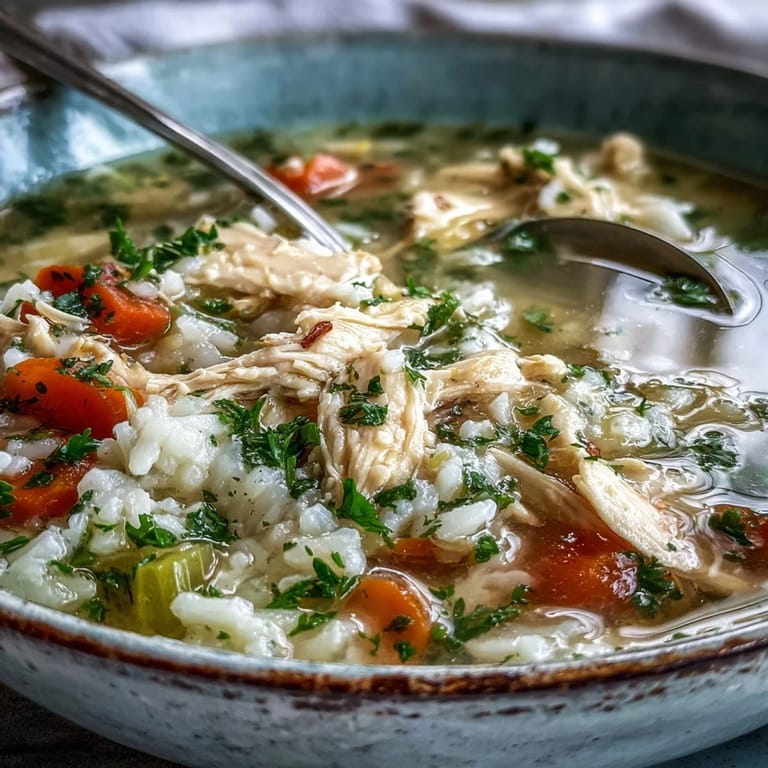 A close-up of Cozy Winter Chicken and Rice Soup, garnished with fresh parsley, served alongside crusty bread.