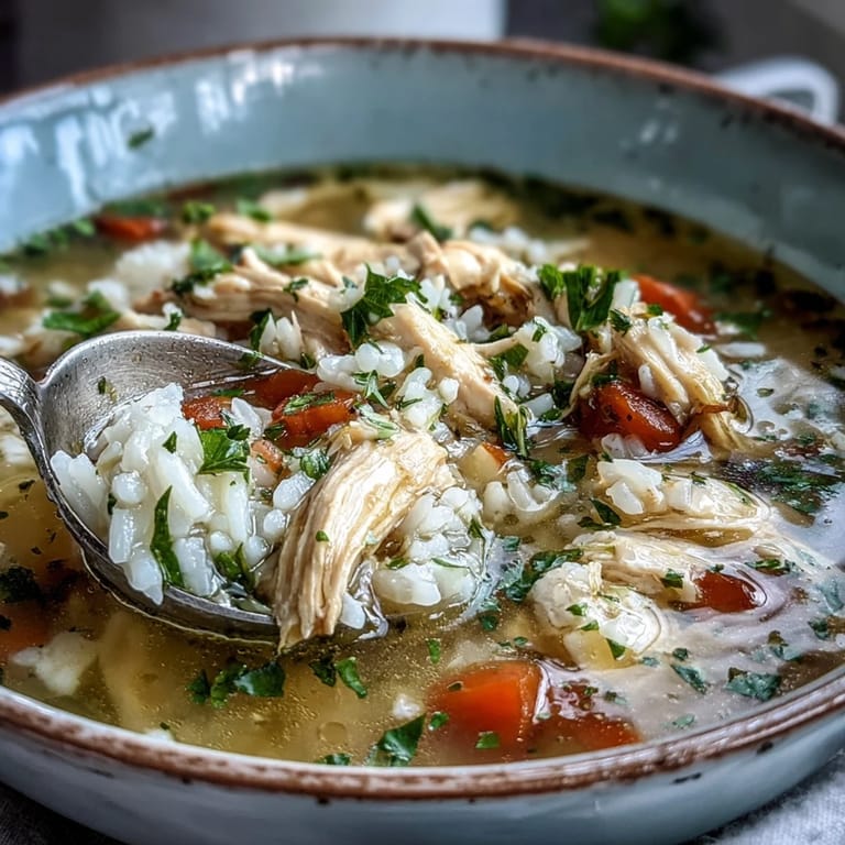 Homemade Cozy Winter Chicken and Rice Soup in a rustic bowl, featuring aromatic vegetables and a rich golden broth.