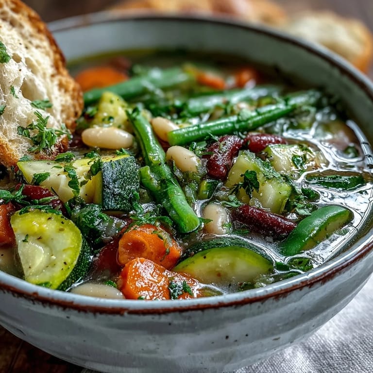 Seasonal vegetable minestrone served with crusty bread and a sprinkle of Parmesan. 