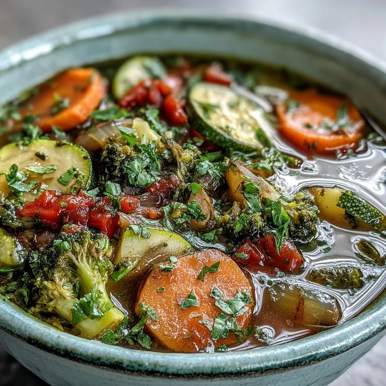 Close-up of Ginger Vegetable Soup featuring tender zucchini and red bell peppers simmered in aromatic broth, ready to be served with crusty bread.