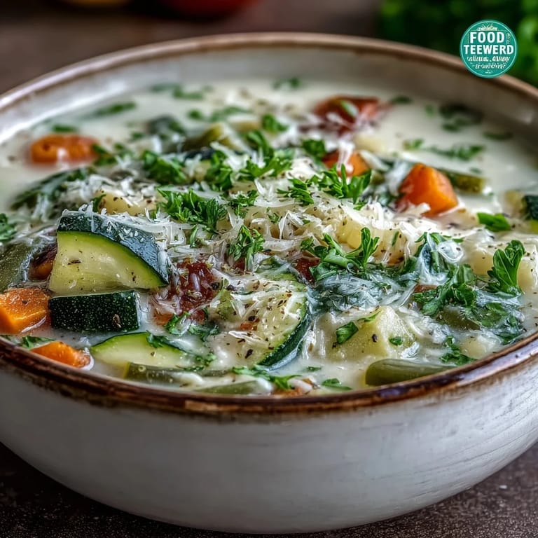 Close-up of hearty Parmesan Veggie Soup in a rustic white bowl, garnished with fresh parsley and grated cheese, ready to be enjoyed with crusty bread.