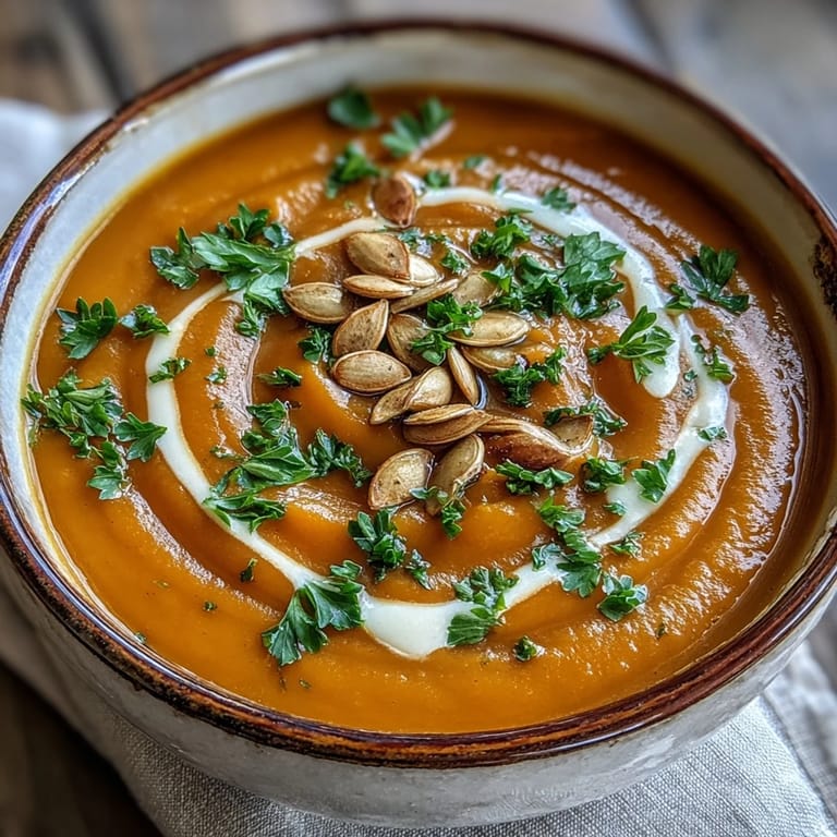 Velvety pumpkin soup with swirls of cream and warm spices ready to serve.