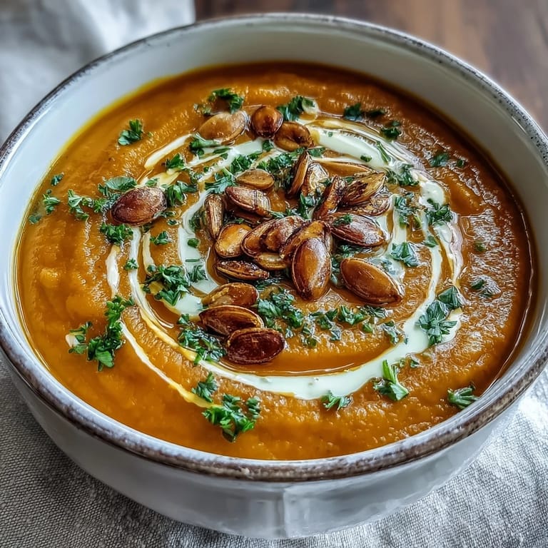 Hot pumpkin soup in a white bowl, topped with seeds, parsley, and cream.