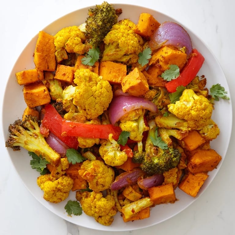 Close-up of Anti-Inflammatory Turmeric Roasted Vegetables with sweet potatoes and broccoli, seasoned with warming spices and glowing in golden light.