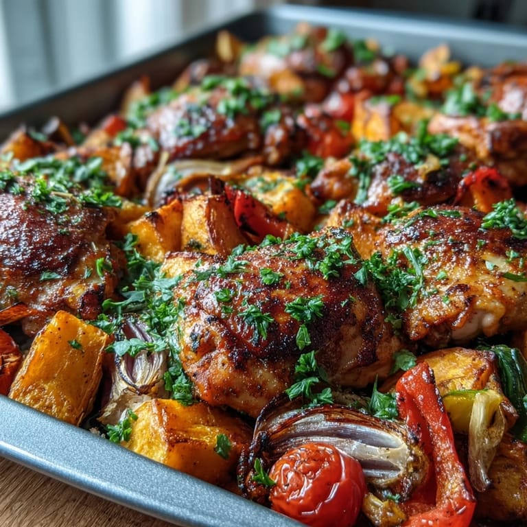 Roasted sweet potatoes and bell peppers mingle with spicy piri-piri chicken in this easy traybake.