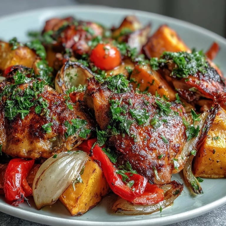 Juicy chicken thighs, caramelized sweet potatoes, and blistered cherry tomatoes fresh from the oven.