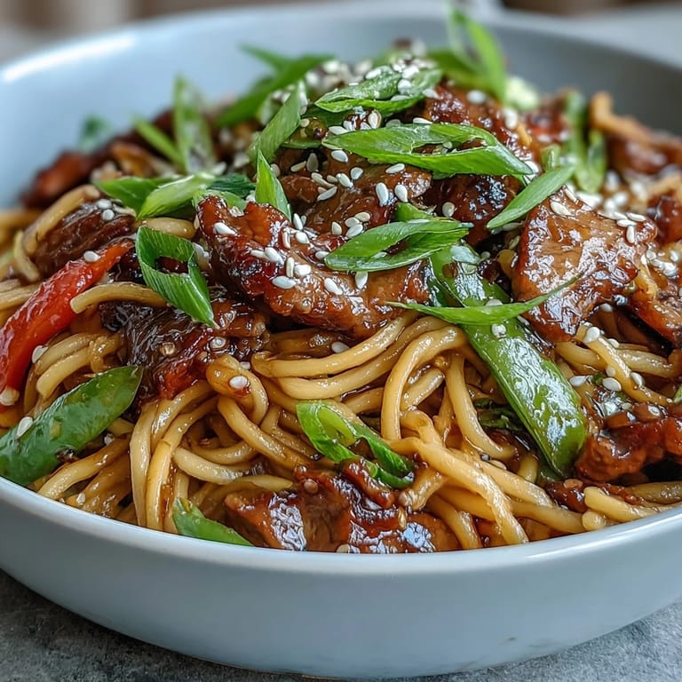 Family-style Pork Noodle Stir-Fry piled high on a platter, garnished with fresh cilantro and sliced red chilies.