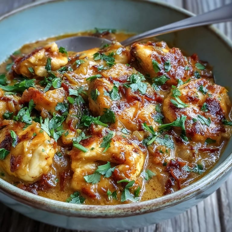 Close-up of Easy Chicken Curry, highlighting rich golden sauce and juicy chicken pieces in a rustic skillet.