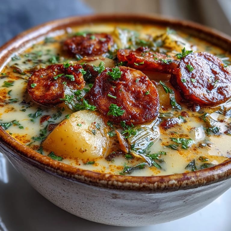 Steaming bowl of Potato, Leek and Chorizo Soup featuring creamy potatoes, tender leeks, and rich red chorizo.