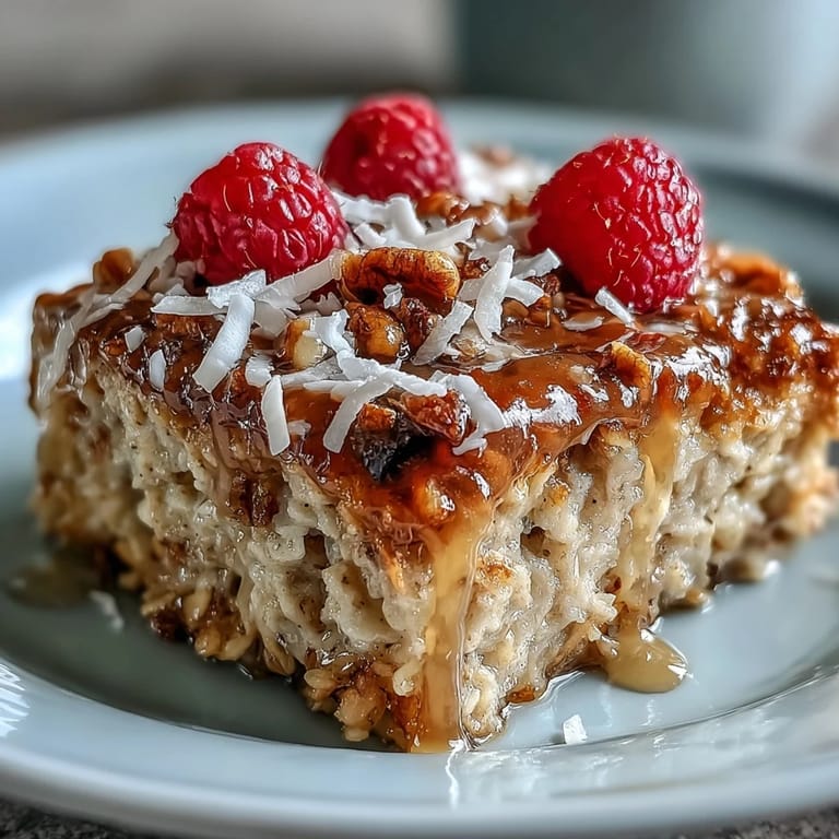 A square ceramic dish holds freshly baked oatmeal with raspberry and coconut, topped with juicy red berries.