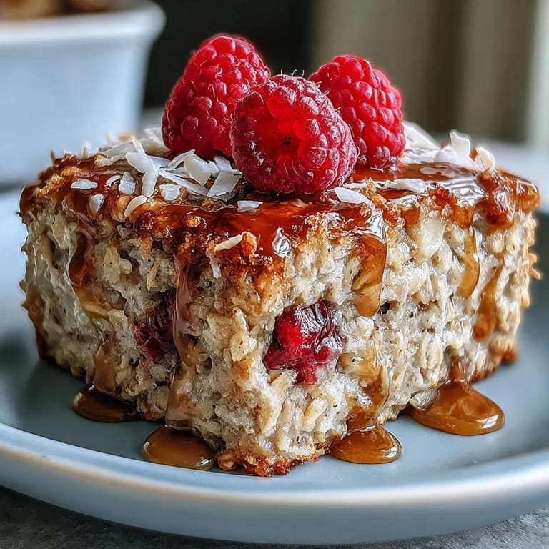 Warm vegan baked oatmeal with raspberry and coconut is served on a wooden board with maple syrup.