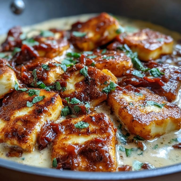 A serving bowl of halloumi and tomato curry, paired with fluffy basmati rice and a lemon wedge.