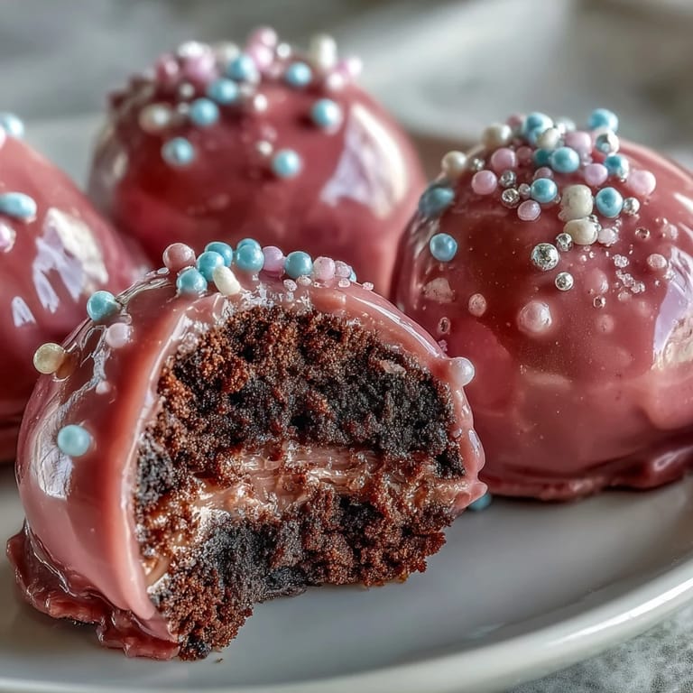 Close-up of Oreo Truffle Balls showing a smooth, cracked pink shell revealing the creamy interior.