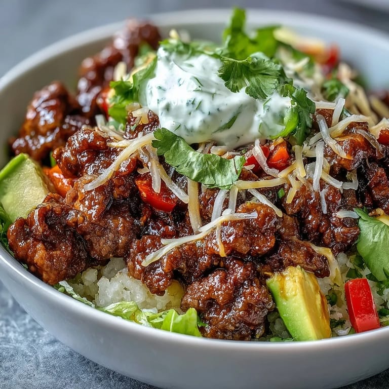 Fork-ready Low Carb Burrito Bowl with cheddar, sour cream, and tomatoes, ideal for a quick low-carb dinner.